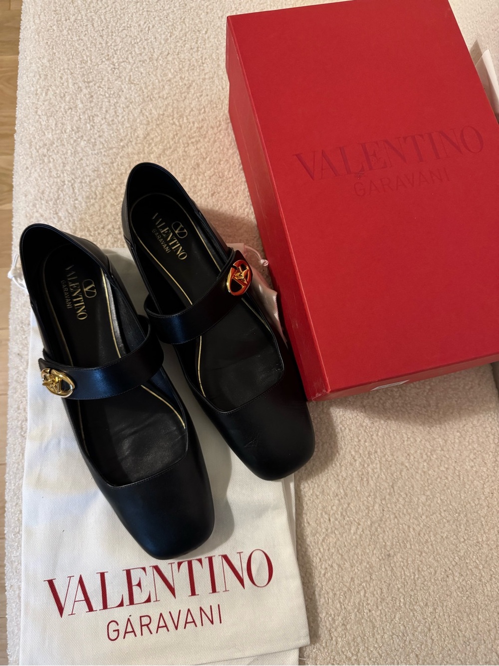 Valentino Garavani Black Leather Mary Jane Flats with Gold Logo Buckles